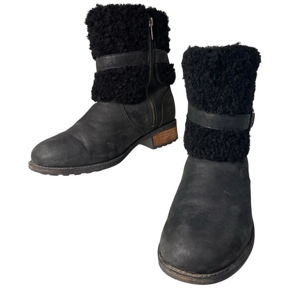 UGG Blayre II Boots Womens 8 Black Nubuck Shearling Zip Fur Trim Equestrian Fall - Picture 14 of 16